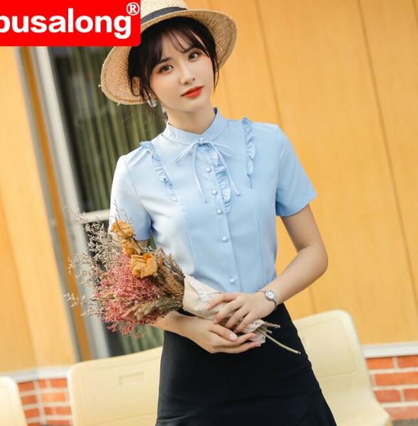 

women's blouses & shirts 2021 white solid color women formal short sleeve body notched collar and plus size blue 4xl