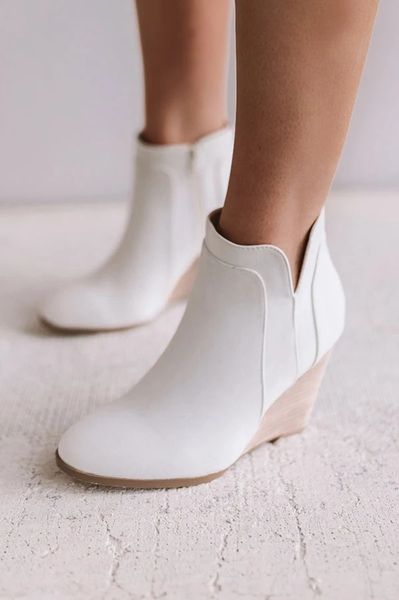 

lasperal autumn ankle boots 2019 pointed toe zip fashion winter women's boots white pu leather wedges high heels western, Black
