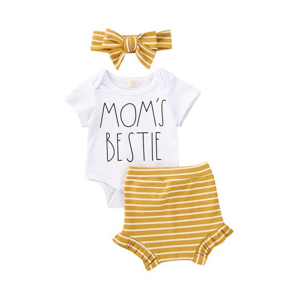 

0-18m lovely kids baby girls boys clothes sets 3pcs letter print white short sleeve romper +striped/leopard shorts+headband