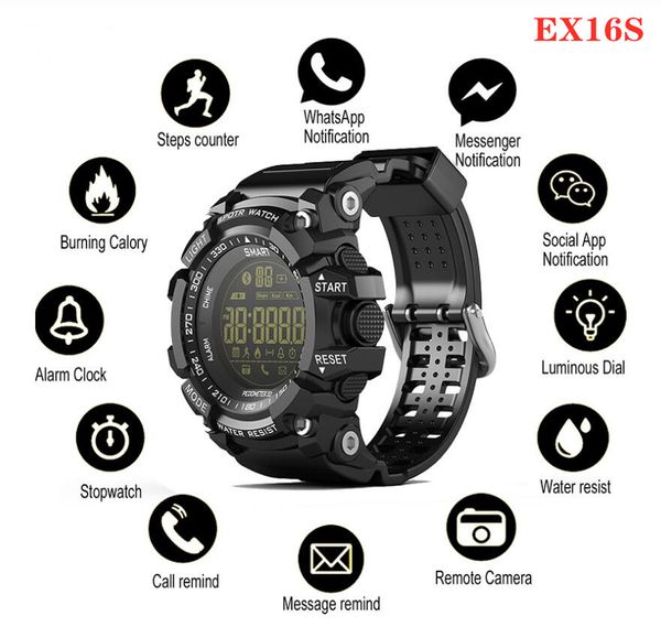 Relógios inteligentes EX16S Bluetooth à prova d'água IP67 Smartwatch Relogios Pedômetro Cronômetro Relógio de pulso FSTN Relógio de tela para iPhone Android Relógio