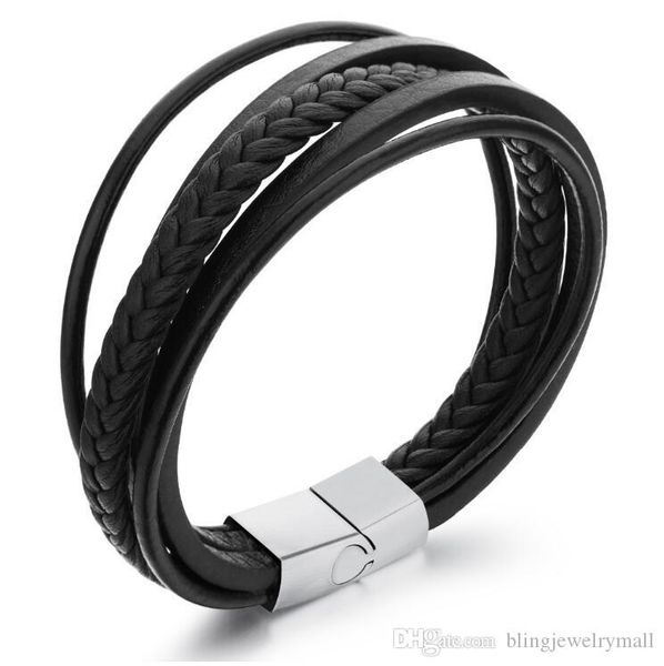 

многослойная натуральная кожа веревка цепи человек браслеты классический простой дизайн мужчины ювелирные изделия с пряжкой магнита ph1094, Black