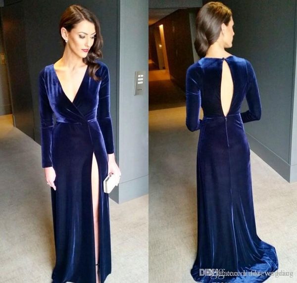 

2019 v-neck navy blue long sleeves evening dress velvet side split formal holiday wear prom party gown custom made plus size, Black;red