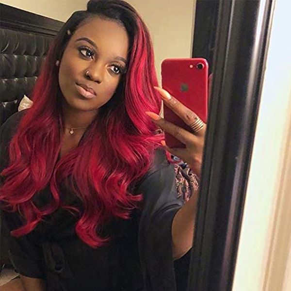 

ombre burgundy человеческих волос парики pre щипкового фронт шнурок 1b 99j тело волны полного парика шнурка младенец remy волос красного цве, Black