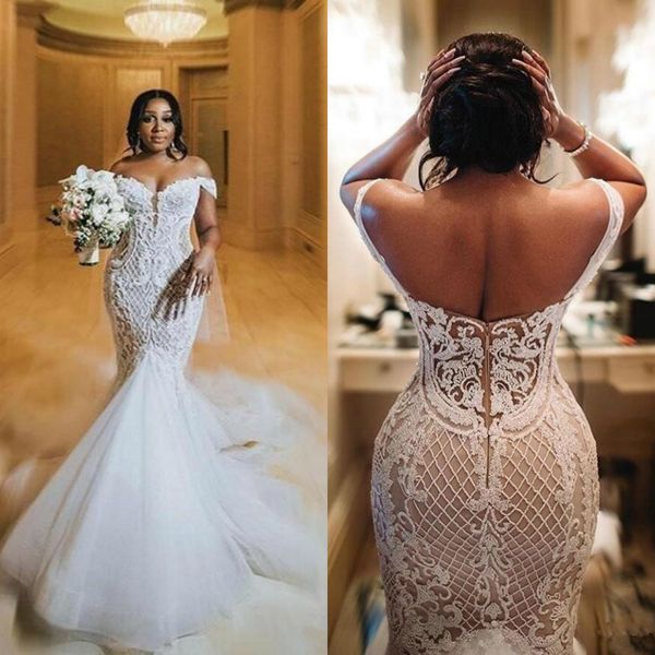 

2020 arabic mermaid wedding dresses plus size off the shoulder lace appliqued bridal gowns robe de mariée, White