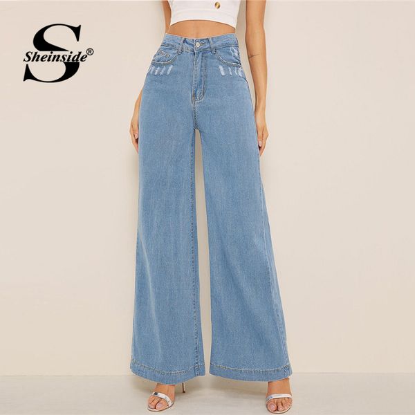 

sheinside blue vintage high waist jeans women 2019 summer ripped detail wide leg denim trousers ladies solid casual jeans