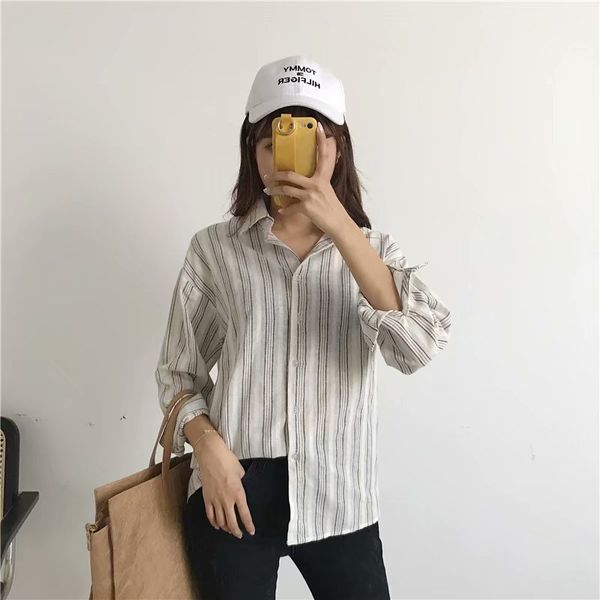 

japanese department harajuku bf wind vertical stripe shirt woman art fan lapel loose long sleeve blouse casual cardigan jacket fashion, White