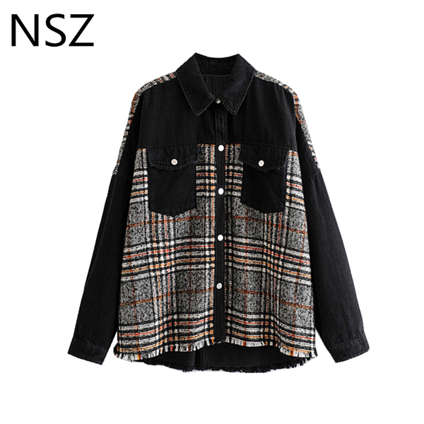 

nsz women vintage plaid tweed jacket patchwork denim jeans coat long sleeve fashion checked outwear clothing aututmn winter, Black;brown