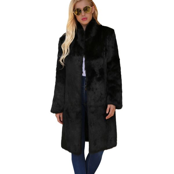

women faux fur fluffy jacket solid waist belt pockets long sleeve fourrure femme warm winter slim midi outerwear fake fur coat, Black