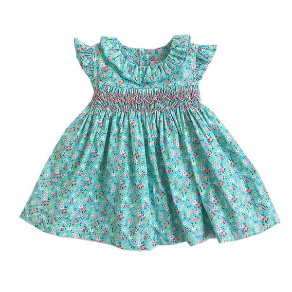 

new summer kids floral printed sleeveless england handmade smocking belt bowknot button little girls vest princess 9-36m dresses, Black;pink