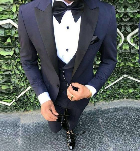 

one button navy blue groom tuxedos peak lapel men suits wedding/prom/dinner man blazer (jacket+pants+vest+tie) w401, Black;gray