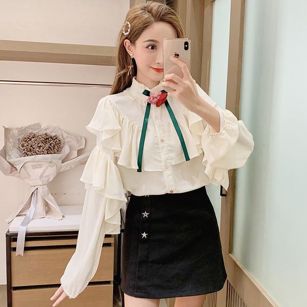 

2019 autumn vintage women shirts ruffles full sleeve ghost horse s heavy wind blouse shirt apricot neckties 8040, White