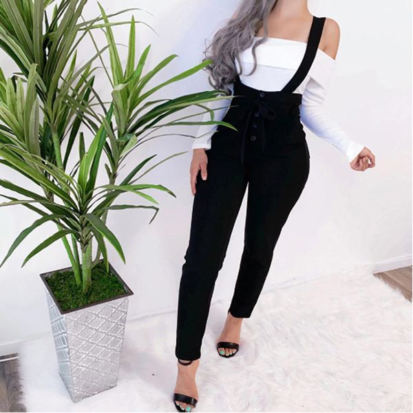 

fashion basic overalls streetwear rompers womens jumpsuit long pockets sleeveless long trousers adjusted strap high waist, Black;white