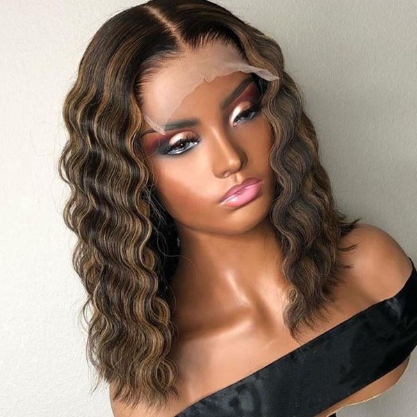 

short bob 13*4 lace frontal highlight color ombre blonde human hair wig glueless with baby hair for women curly, Black;brown