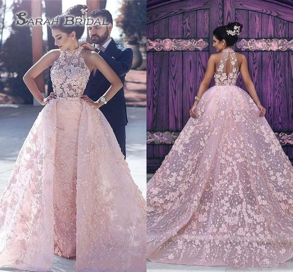 

2019 pink a line wedding dresses high neck illusion lace appliques 3d floral flowers ball gown overskirts plus size formal bridal gowns, Black