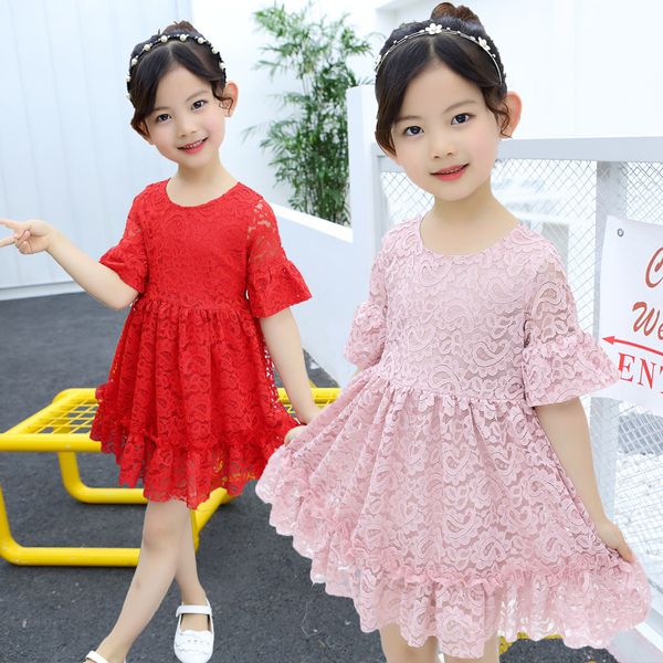 

девушки кружевное платье лето новый стиль 2019 девушки принцесса юбка колокол рукав маленькая девочка с коротким рукавом платье лето, Red;yellow