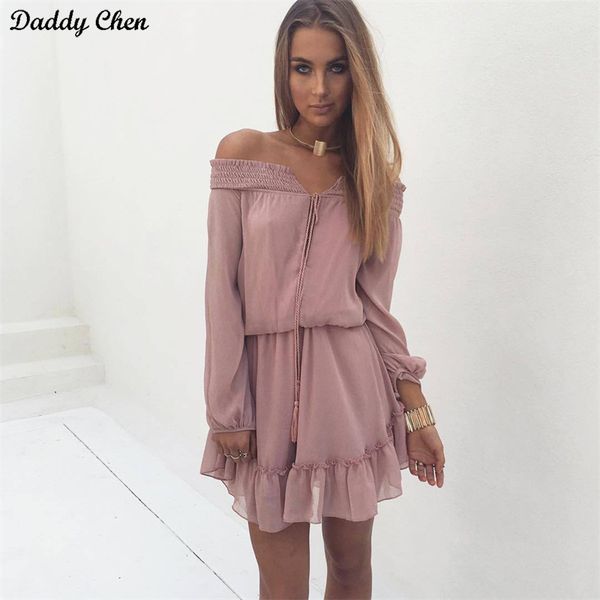 

daddy chen chiffon off shoulder dress long sleeve ruffle mini dress backless loose solid color vestidos verano modis sweet girl, Black;gray