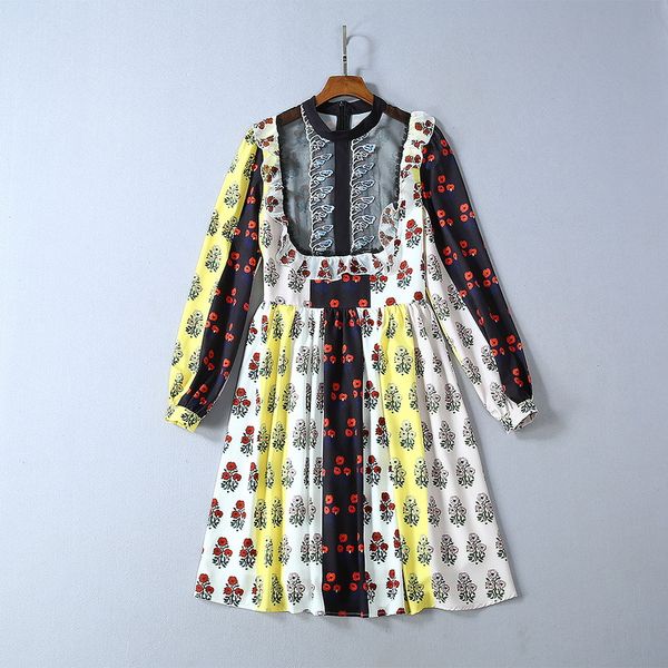 

autumn 2019 new european and american women's wear long sleeve round collar embroidery stitching printing fashion dress, Black;gray