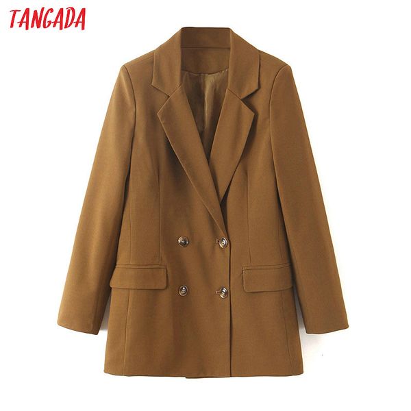 

tangada women double breasted suit blazer vintage style 2019 brown solid long blazer pockets casual suit outwear sl430, White;black