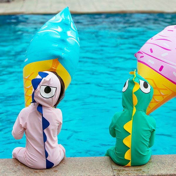 

children's boy's one-piece long sleeve sunscreen swimsuit cute dinosaur baby girl's quick-drying one-piece cap swimsuit, White;black