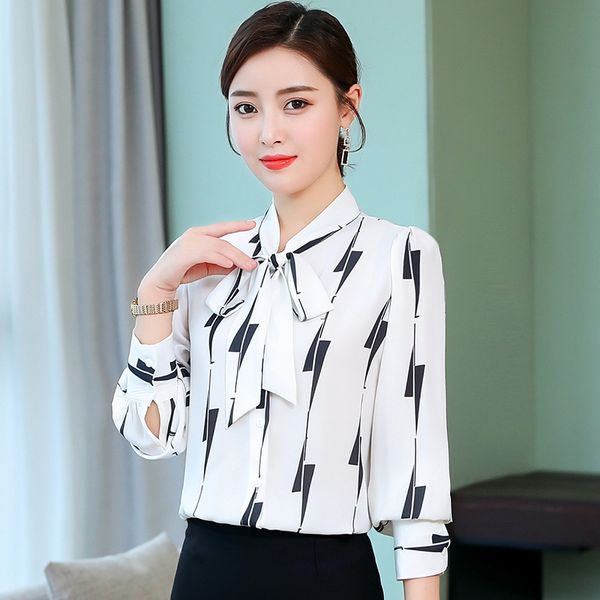 

2019 new spring fashion women's clothing lantern long sleeves shirts printing bow v-neck chiffon blouse female, White