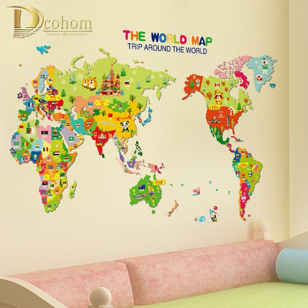 Acheter Coloré Dessin Animé Carte Du Monde Sticker Mural Enfants Chambre Salon Pépinière Décoration Vinyle Affiche Stickers Muraux Art Mural