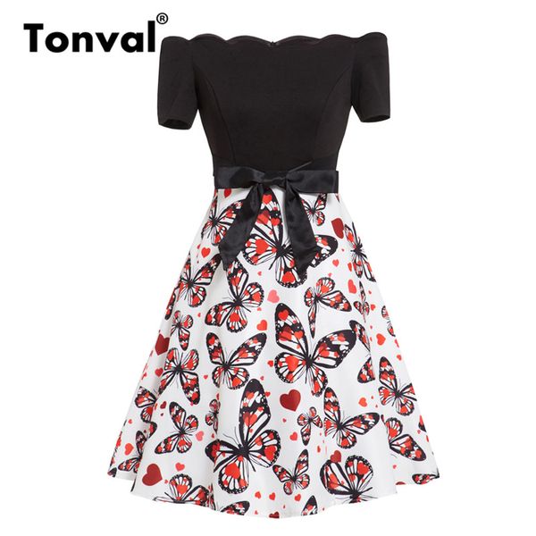 

tonval vintage scalloped trim a line butterfly print summer dress women off shoulder bow tie front fit and flare skater dresses, Black;gray