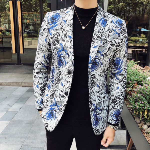 

fashion wedding banquet suit men jacket single-breasted business man flower blazer jackets autumn winter new men dress suit coat, White;black