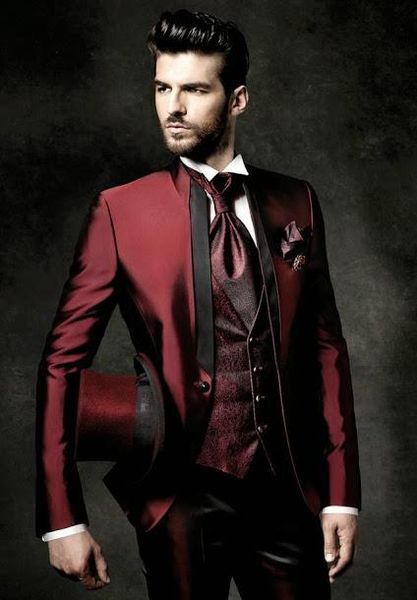 

fashion burgundy groom tuxedos mandarin lapel groomsmen mens wedding dress excellent man jacket blazer 3 piece suit(jacket+pants+vest+tie)68, Black;gray