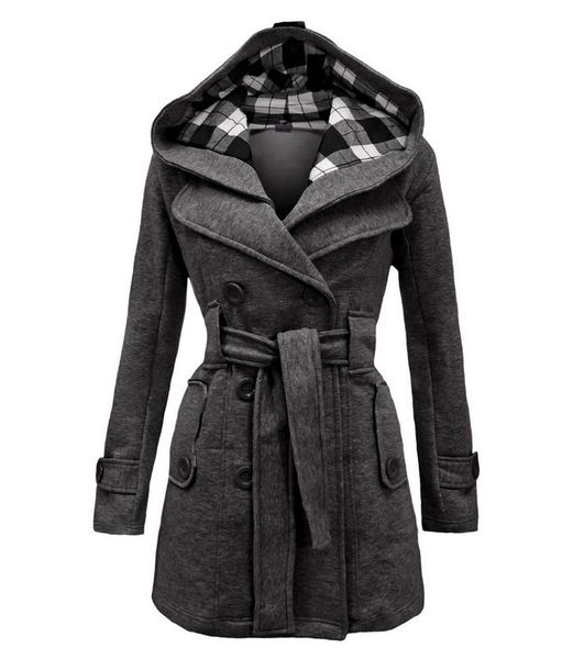 

new style pattern hooded duffle coat belted double-breasted long jacket, Black