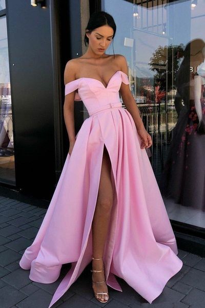 

pink off the shoulder satin a line long bridesmaid dresses 2020 ruched high split plus size maid of honor evening prom dresses, White;pink