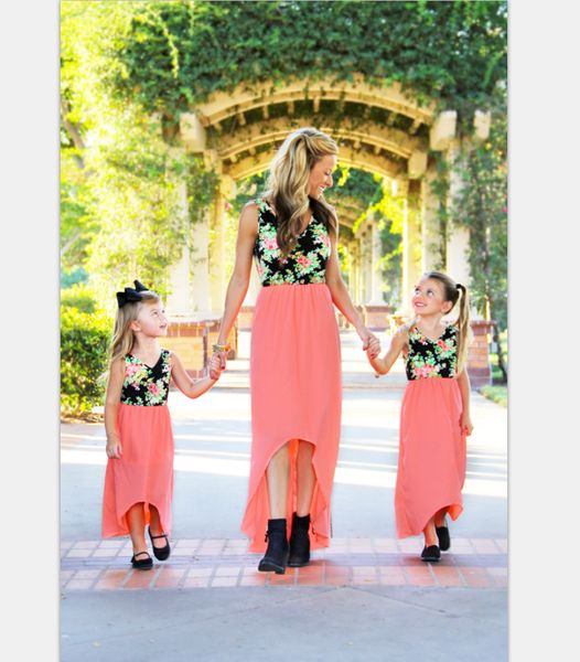 

parents and children colour matching europe and america printing digital printed dresses and skirts parent-child dress, Blue