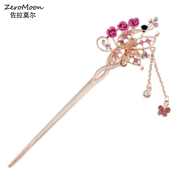 

romantic rose flower peacock hair sticks crystal rhinestone butterfly hairpin metal chain tassel butterfly hair accessory women, Golden;white