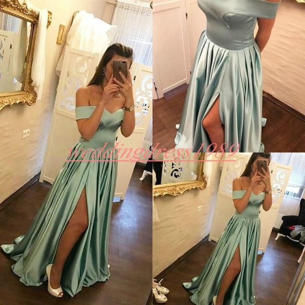 Moda 2019 Abiti da sera lunghi con spalle scoperte Juniors Satin High Split Abiti da festa economici su misura Robe De Soiree Prom Ball Pageant Gown