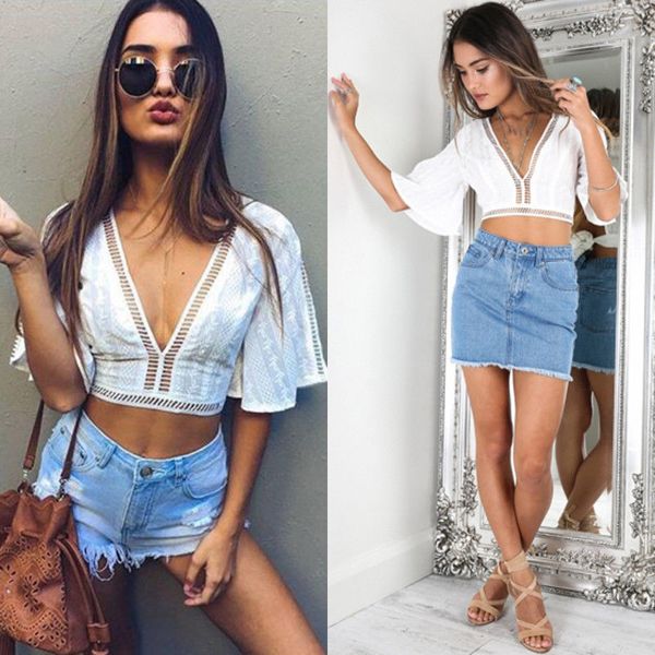 

fashion summer women ladies short sleeve deep v-neck white lace short length size s//l/xl