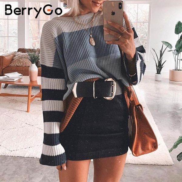 

berrygo striped women knitted pullover sweater long sleeve streetwear oversized female sweater autumn winter ladies jumpers 2019, White;black
