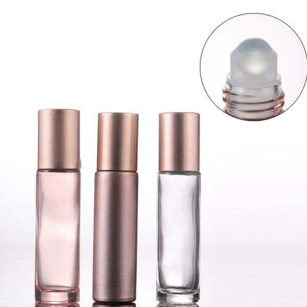 Use óleo essencial 10ml rosa em frascos de rolo de vidro com bola de rolo de pedra preciosa de cristal e tampa de ouro rosa LX2071