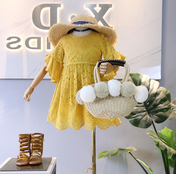 

girls dresses kids lace hollow floral embroidery party dress children flare sleeve mustard princess dress summer kid clothes f7905, Red;yellow