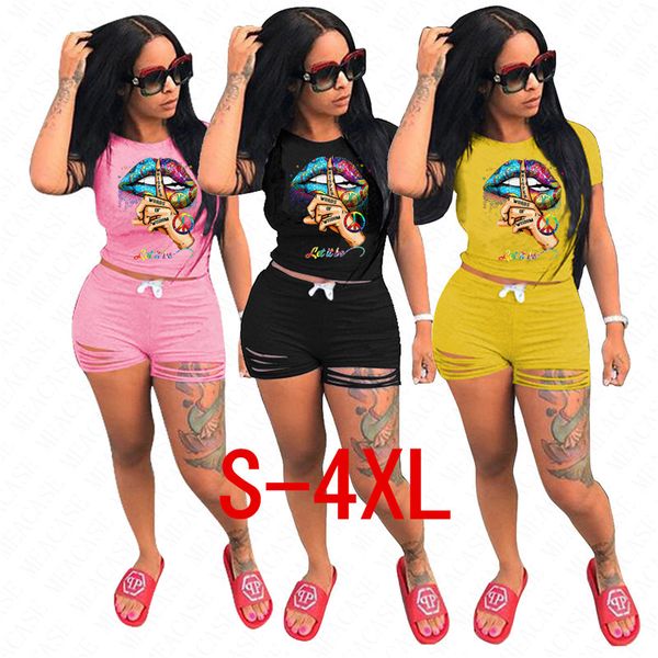 

new women designer tracksuit letters lips pattern t-shirt and ruffle hole shorts sets summer outfits two piece clothing streewear d62908, White