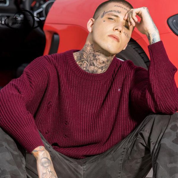 

mens sweaters winter male pullover clothing o-neck long sleeve solid color hole novelty hip-hop man clothes y61, White;black