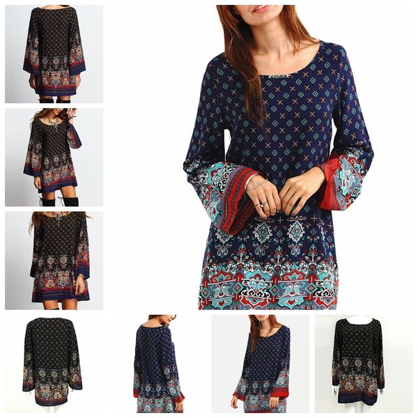 

european new retro style national baroque printing large size loose sleeves positioning flower dress support mixed batch, Black;gray