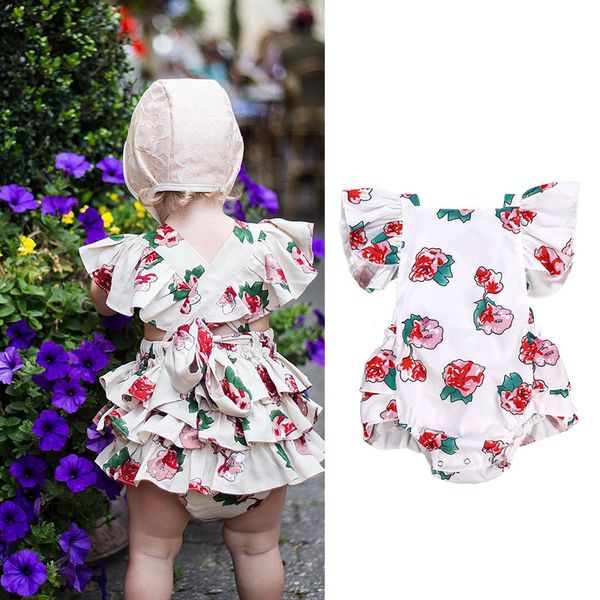 INS Baby Mädchen Rose Blumendruck Strampler Säugling Fliegende Ärmel Blumen Overalls 2019 Sommermode Boutique Kinder Kletterkleidung C5785