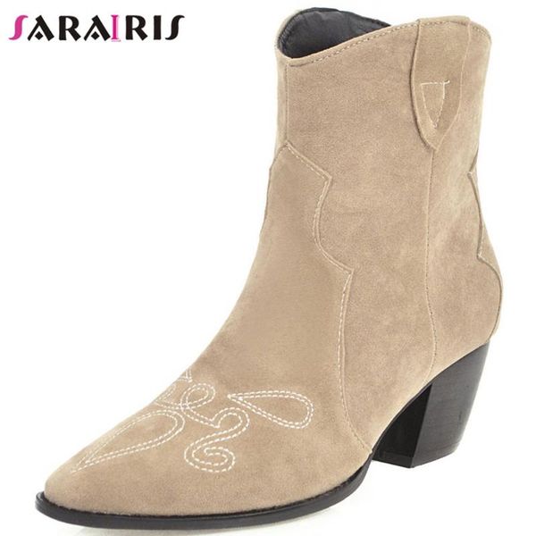 

sarairis female office cool slip-on pointed toe ankle boots high chunky heels boots women concise brand sewing shoes woman, Black