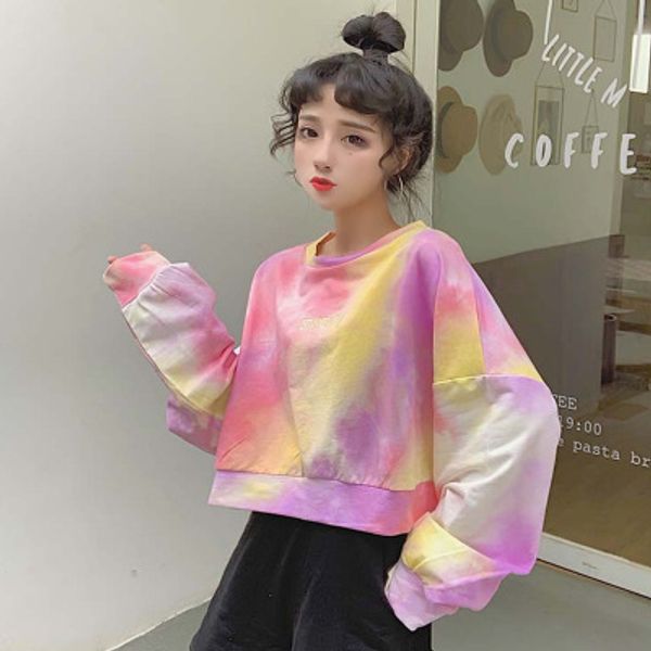 

women fashion autumn crop hoodie contrast color long sleeve tie dye drawstring sweatshirt pullover casual female, Black