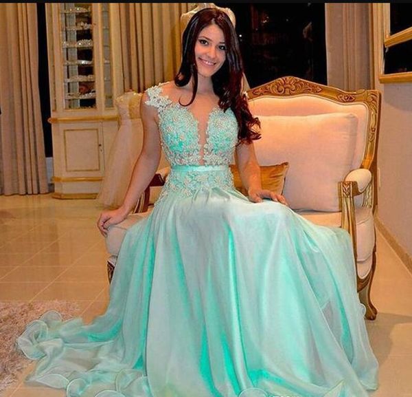 

2020 illusion sheer neck a line girls prom dresses lace appliques beaded evening dress elegant formal gowns, Black