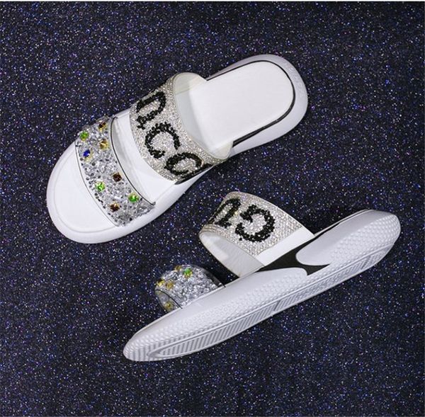 

Designer Sandals Women 2020 Summer Thick Bottom Wedges Heels Shoes Woman Silver Rhinestone Slippers Beach 2 Colors PH-CFY20050915