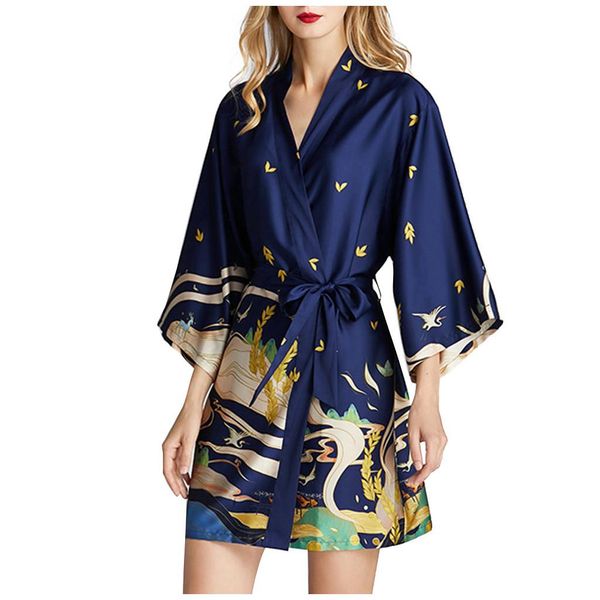 

ladies dressing gowns silk kimono robe bathrobe for pregnant woman pajamas bathrobes simulation printed bathrobe nightwear, White