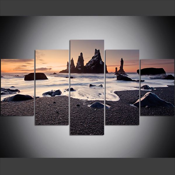 

5 piece large size canvas wall art pictures creative sunset ocean black reef art print oil painting for living room