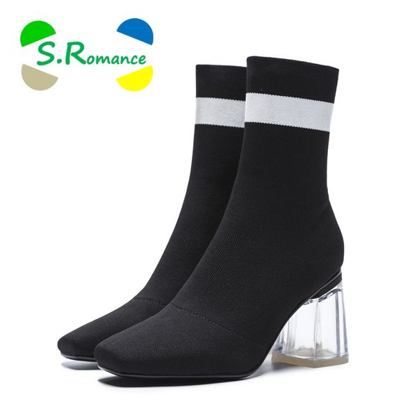 

s.romance 2018 women ankle boots high square heels girls boots ladies pumps transparent female shoes socks for woman sb149, Black