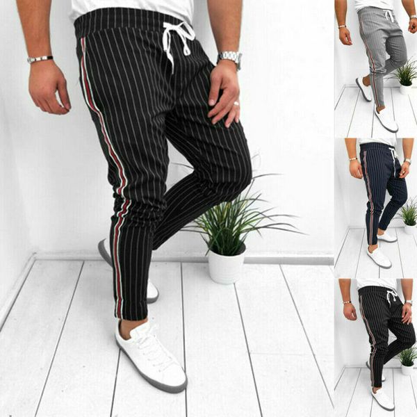 

men's pants 2021 casual ankle-length elastic strap striped jogger sports fitness sweatpants long, Black