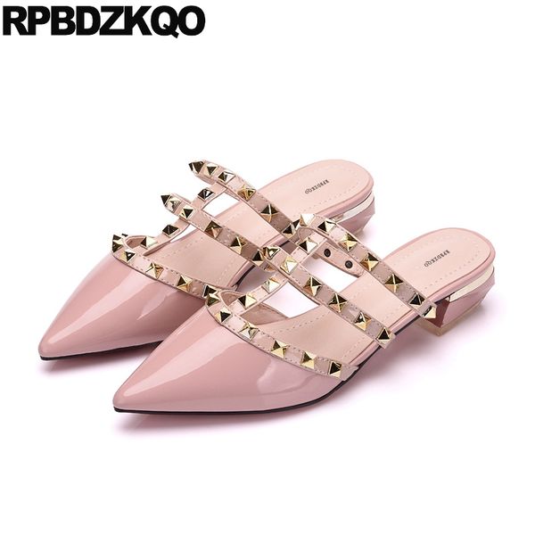 

leather women mules summer 2018 pink runway studded plain shoes slippers slides rivet pointed toe sandals big size chunky plus, Black